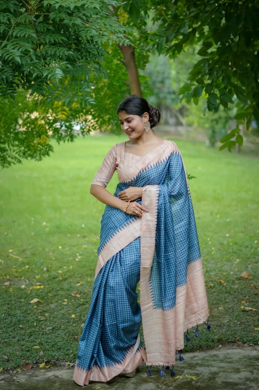 Premium Soft Tussar Silk Kantha Border Saree with Checks Printed Pattern